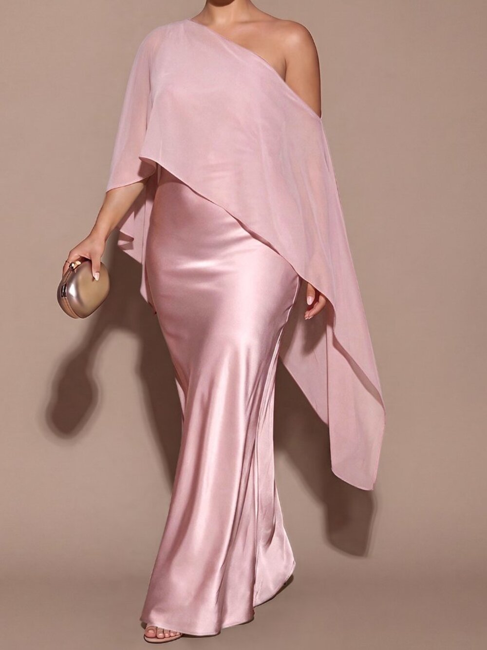 Pink Asymmetrical Women's Satin Wrap Maxi Dress